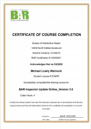 BAR cert Mike warnock